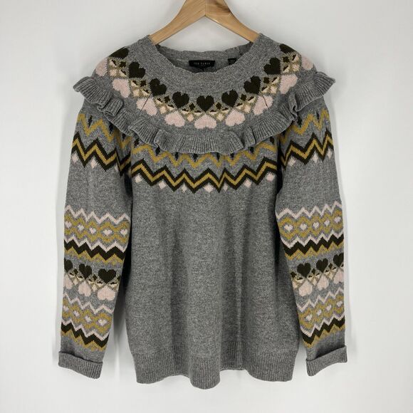 Ted Baker Sweater Size 3 Women Medium Gray Mysheli Fair Isle Ruffle Heart Preppy - Picture 1 of 8
